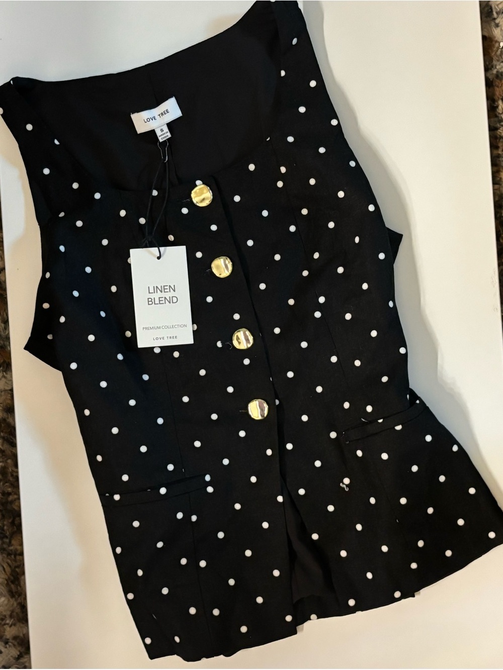 Love Tree Black Polka Dot Linen-Blend Button Front Sleeveless Top